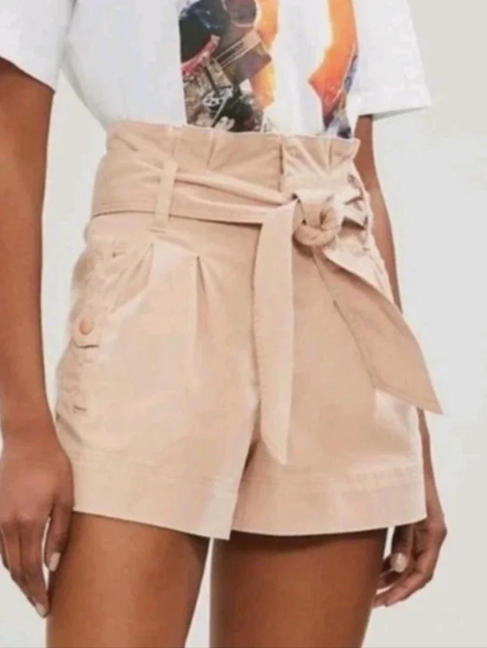 NEW TOPSHOP Khaki Cotton Linen Boho Paperbag Shorts High Waisted Baggy Bermuda 6